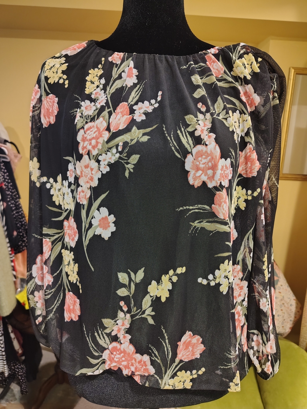 Cocomo Black Sheer Blouse with Pink & Cream Floral Print